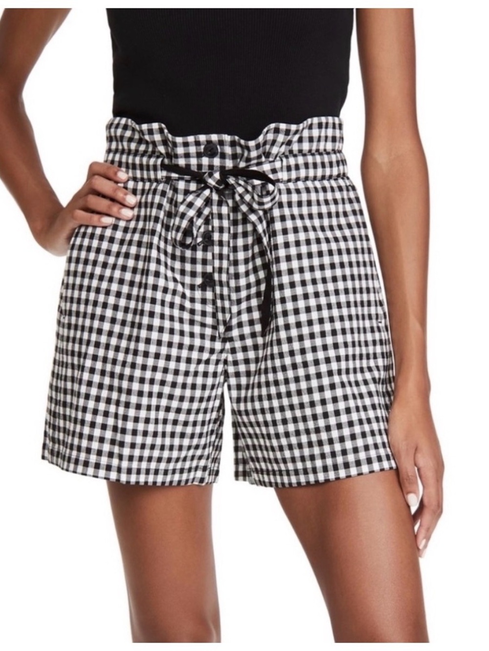 rag & bone Black and White Gingham Tie-Waist High-Rise Shorts